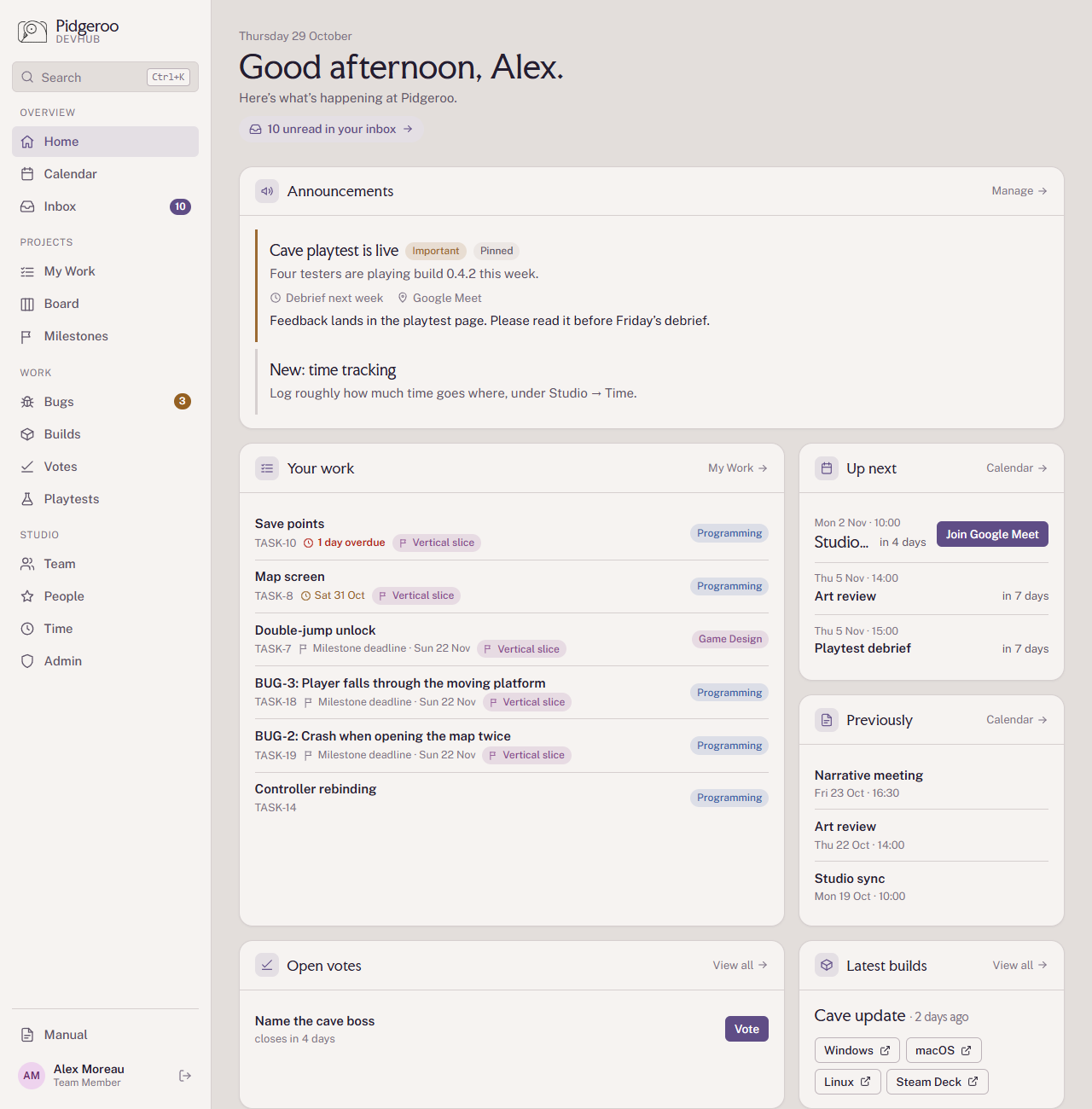 The Home page with announcements, your work, meetings, votes and builds
